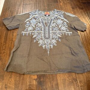 Johnny Was Maike Flutter Short Sleeve Linen Embroidered Top size XS Bohemian